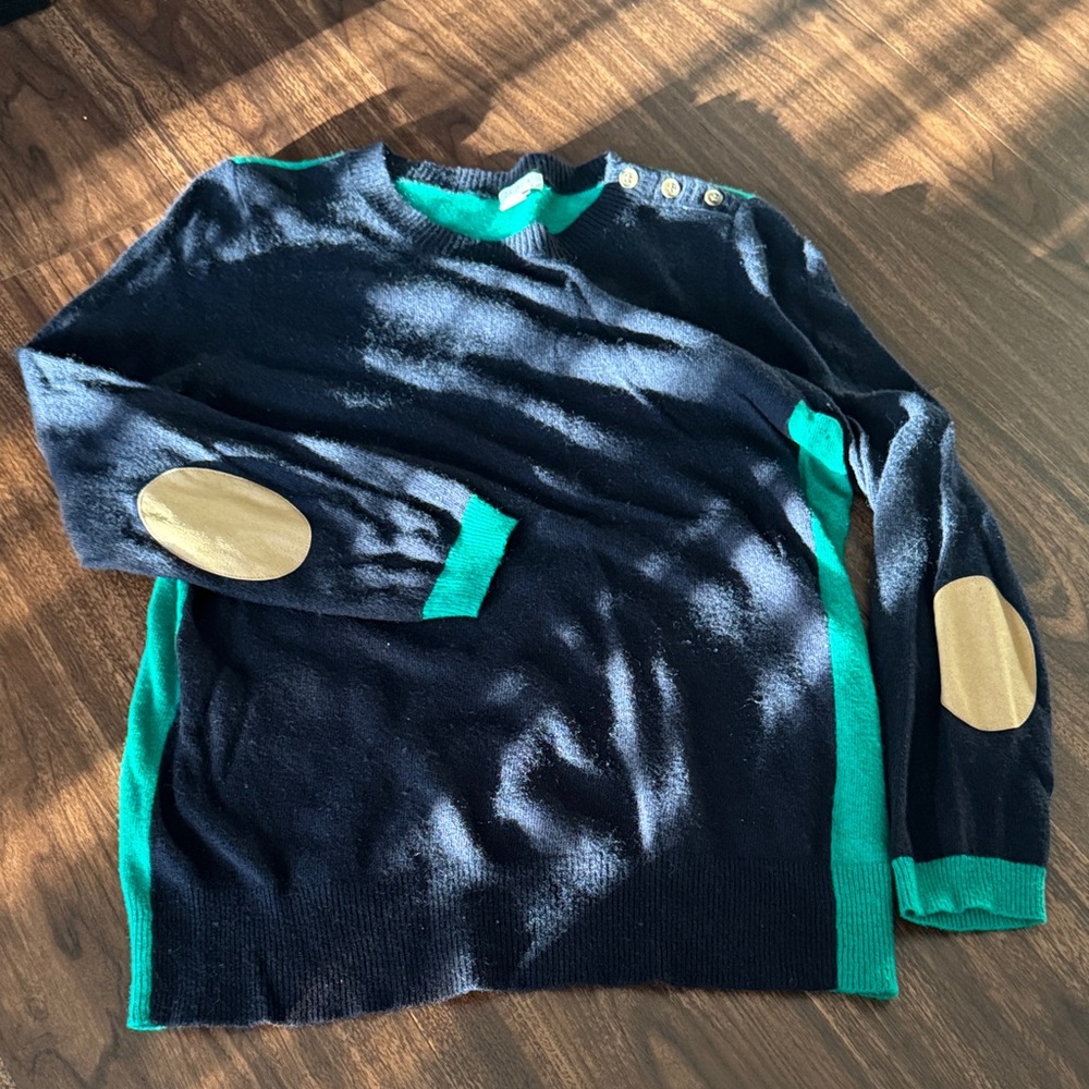 J. Crew Sweater in Navy and Green with Tan Patches